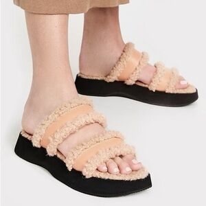 STAUD SIESTA FAUX FUR SLIDE SANDALS PLATFORM DOE NATURAL Size 7